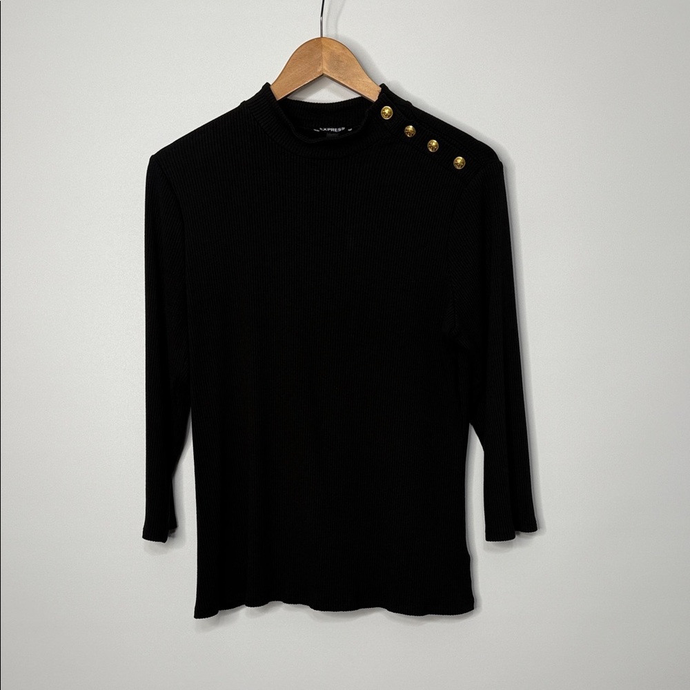 Express Black Ribbed Mock Neck Button-Detail Top … - image 1